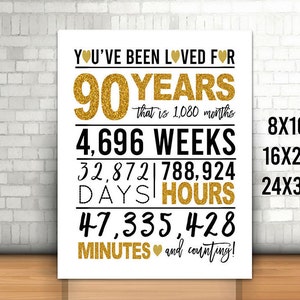 Sinal de aniversário de 90 anos dourado, sinal de você foi amado por 90 anos, 8x10, 16x20, 24x36, felicidades aos 90 anos, feliz aniversário de 90 anos, 90 anos para impressão