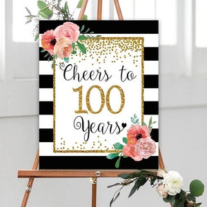 Cheers to 100 Years, 8x10, 16x20, 100th Birthday Sign, 100th Anniversary Sign, Gold confetti Birthday Party Decoration, 100th birthday decor
