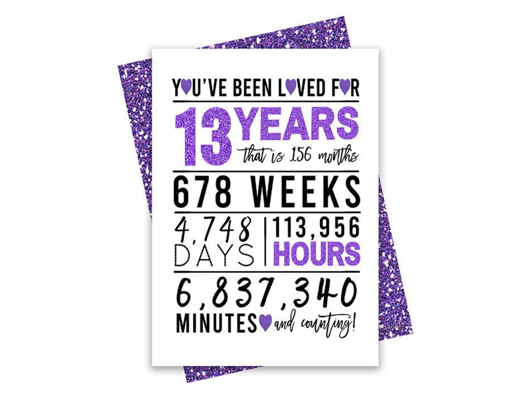 Purple 13th Birthday Card, Printable Birthday Card, 13th Birthday ...