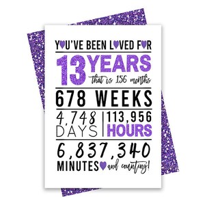 Violet 13e anniversaire carte, carte d'anniversaire imprimable, 13e anniversaire imprimables, carte de voeux imprimables, violet 13e anniversaire, 13e coeur