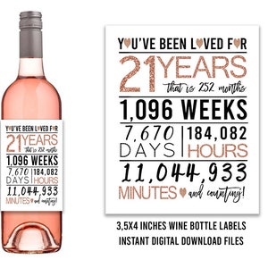Rose Gold 21st Birthday Wine Bottle Labels, PRINTABLE Wine Bottle Labels, Cheers to 21 Years, Happy 21st birthday, Printable 21st Birthday