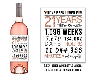 Rose Gold 21st Birthday Wine Bottle Labels, PRINTABLE Wine Bottle Labels, Cheers to 21 Years, Happy 21st birthday, Printable 21st Birthday