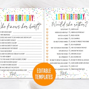 10th Rainbow Birthday Wäre sie lieber, Wer kennt das Geburtstagskind am besten, Quiz zum Geburtstag, Partyspiel für Mädchen, Buntes Geburtstags-Bundle