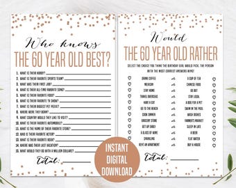 May include: A printable game for a 60th birthday party. The game is called "Who Knows the 60 Year Old Best?" and "Would the 60 Year Old Rather". The game has a white background with gold confetti and black text.