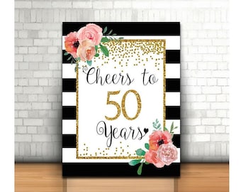 Cheers to 50 Years, 8x10, 16x20, 50th Birthday Sign, 50th Anniversary Sign, Gold confetti Birthday Party Decoration, 50th Milestone Birthday