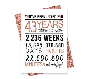 Rose 43rd Birthday Card, Printable Birthday Card, 43rd Birthday Printables, Greeting card printables, rose 43rd birthday, 43rd heart bday