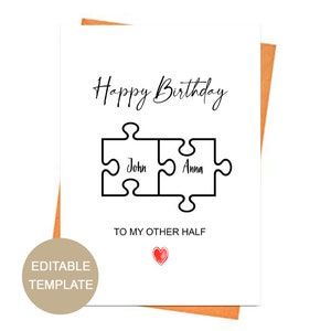 Cartão de aniversário editável para cônjuge, esposa, marido, cartão de aniversário para parceiro, modelo de cartão de aniversário, cartão quebra-cabeça para ele, presente de aniversário
