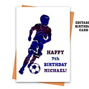 Carte d'anniversaire de football modifiable, carte d'anniversaire imprimable, imprimables d'anniversaire de football, carte de voeux, modèle d'anniversaire de football, cadeau d'anniversaire
