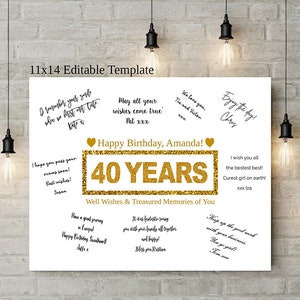 EDITABLE Cadeau de 40e anniversaire, Livre d’or d’anniversaire imprimable, Tableau de signature de 40 ans, Décor du 40e anniversaire, Souvenirs précieux de vœux