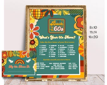 Letrero y tarjeta con nombre de los 60, imprimible, póster con nombres de los 60, ¿Cuál es tu nombre de los 60? Decoración de cumpleaños con temática de los 60, decoración para fiestas, regalo de cumpleaños de los 60