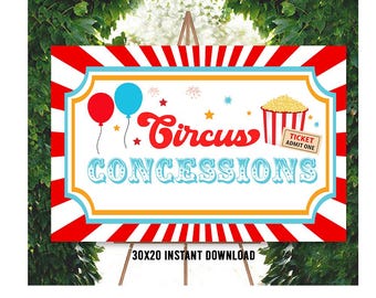 Puede incluir: Un cartel de circo a rayas rojas y blancas con el texto "Circus Concessions" en letras azules y amarillas. El cartel también presenta un globo rojo y azul, palomitas de maíz en un cubo a rayas rojas y blancas, y un boleto que dice "Ticket Admit One".