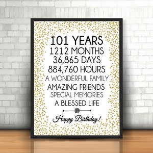 Feliz 101º aniversário, 8x10, 16x20, 24x36, Felicidades aos 101 anos, Sinal de 101º aniversário, Decoração de festa de aniversário com confete dourado, Decoração de 101º aniversário