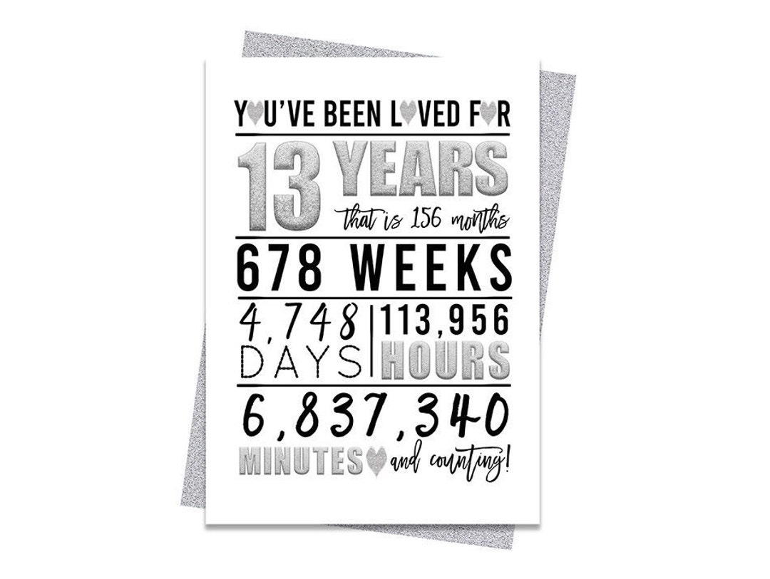 Silver 13th Birthday Card, Printable Birthday Card, 13th Birthday ...