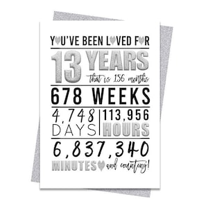 Tarjeta de cumpleaños número 13 de plata, tarjeta de cumpleaños imprimible, imprimibles de cumpleaños número 13, imprimibles de tarjetas de felicitación, cumpleaños número 13 de plata, corazón 13