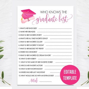 Modifiable Qui connaît le mieux le diplômé, Connaissez-vous bien le diplômé, Jeu de remise des diplômes rose, Graduation imprimable, Cadeau rose pour diplômé