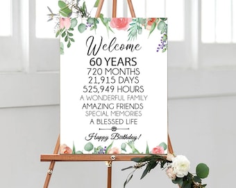 May include: Welcome sign with floral decorations, celebrating 60 years with the text "Welcome 60 Years 720 Months 21,915 Days 525,949 Hours A Wonderful Family Amazing Friends Special Memories A Blessed Life Happy Birthday!"