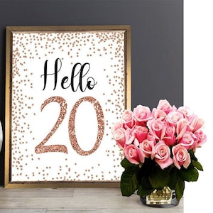 Rose Gold Hello 20 Sign, Cheers to 20 Years, 20th Birthday Sign, 20 and Fabulous, Rose Gold Birthday Sign, Happy 20th Birthday, printable