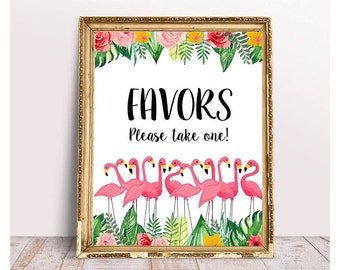 Può includere: Un cartello stampabile a tema tropicale con fenicotteri rosa e foglie verdi. Il cartello dice "Favors Please take one!"