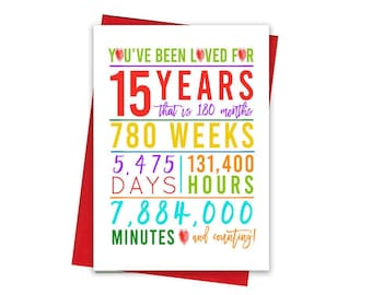 15th Birthday Card, Printable Birthday Card, 15th Birthday Printables, Greeting card printables, red 15th birthday, 15th heart birthday