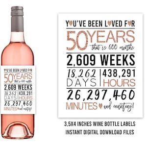Rose Gold 50th Birthday Wine Bottle Labels, PRINTABLE Wine Bottle Labels, Cheers to 50 Years, Happy 50th birthday, Printable 50th, Milestone
