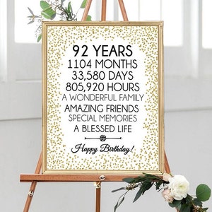 Alles Gute zum 92. Geburtstag, druckbar, 8x10, 16x20, Cheers to 92 Years, 92. Birthday Sign, Gold Confetti Birthday Party Decor, 92. Birthday Decor