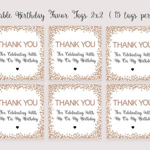 Rose Gold Birthday Favor Tags, Printable, Rose Gold Thank You Birthday Tags, Happy Birthday favor tags, Thanks for celebrating Favor Tags