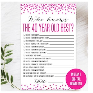 Hot Pink 40. Geburtstag Spiel, druckbar, 40. Geburtstag Party Aktivität, 40. Party Spiel, 40. Geburtstag Trivia, wer kennt die 40 Jahre alten Besten