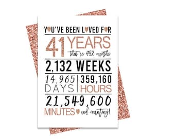 Rose Gold 41st Birthday Card, Printable Birthday Card, 41st Birthday Printables, Greeting card printables, rose 41st birthday, 41st heart