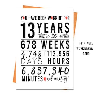 Tarjeta del 13.° aniversario laboral, tarjeta de aniversario IMPRIMIBLE, tarjeta del 13.° aniversario laboral, tarjetas de felicitación imprimibles, tarjeta de aniversario de último minuto, regalo