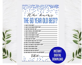Blue 60th Birthday Game, Printable, 60th Birthday Party Activity, 1963 Party Game, 60th Birthday Trivia, Who Knows the 60 Year Old Best Game