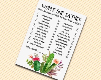 Would She Rather, Bridal Shower Game, Fiesta Would She Rather, Shower Would She Rather, Cactus Would She Rather, Succulent Shower Game, file