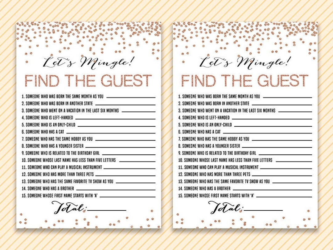Find the Guest Game, Birthday Party Game Card, Rose Gold Birthday Party ...