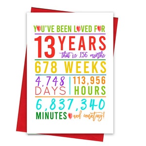 Carte de 13e anniversaire, carte d'anniversaire imprimable, 13e anniversaire imprimables, cartes de voeux imprimables, arc-en-ciel 13e anniversaire, 13e anniversaire de coeur