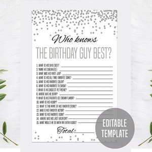 Bearbeitbar Wie gut kennen Sie den Geburtstagskind, Silber Wer kennt den Geburtstagskind beste Vorlage, Party Quiz, Boy Bday Partyspiel, Aktivität