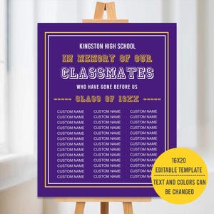 In Memory Sign for Class Reunion Sign, Printable, Class Reunion Poster, Any Year, Any Colors, Digital File, High School Reunion Memorial