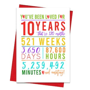 Carte du 10e anniversaire, carte d’anniversaire imprimable, imprimables du 10e anniversaire, imprimables de cartes de vœux, arc-en-ciel 10e anniversaire, 10e anniversaire du cœur