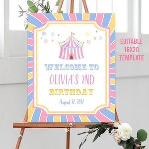 Editable Carnival Party Welcome Sign, Printable Circus Welcome Sign, Pastel Carnival Birthday Template, Circus Tent Party Welcome Sign Gift