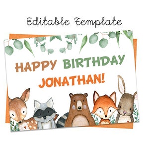 EDITABLE Woodland Birthday Card, Printable Birthday Card, Forest Animals Birthday, Greeting card printables, Woodland Card Template, Custom