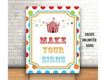 Editable Carnival Party Sign, Printable, Colorful Circus Tent Sign, Circus Birthday Decoration, Carnival Party Decor, Circus Template Sign