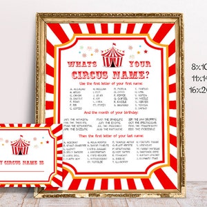 Carte et enseigne quel est votre nom de cirque, imprimable, affiche des noms de cirque, décoration d'anniversaire de carnaval, décoration de fête, activité de carnaval, cadeau cirque