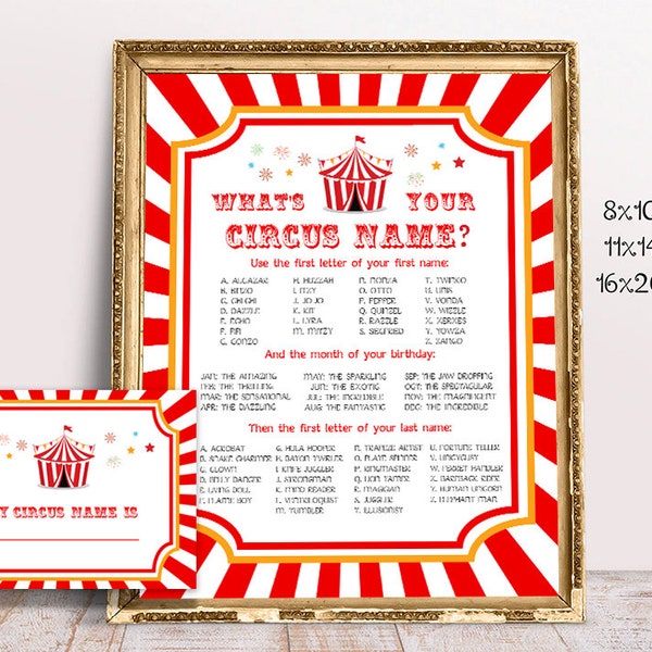 What Is Your Circus Name Sign and Card, Printable, Circus Names Poster, Carnival Birthday Decor, Party Decor, Carnival Activity, circus gift