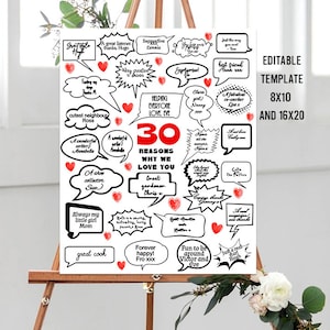 Editable 30 Reasons Why, Things We Love About You, 30th Birthday Gift Poster Personalised Digital Print Template Milestone Speech Bubble