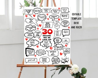 編集可能な 30 の理由、私たちがあなたを愛している理由、30 歳の誕生日プレゼントのポスター、パーソナライズされたデジタル印刷テンプレート、マイルストーンの吹き出し