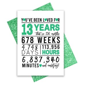 Tarjeta de cumpleaños número 13, tarjeta de cumpleaños imprimible, imprimibles de cumpleaños número 13, imprimibles de tarjetas de felicitación, tarjeta de cumpleaños número 13 verde, día 13 del corazón