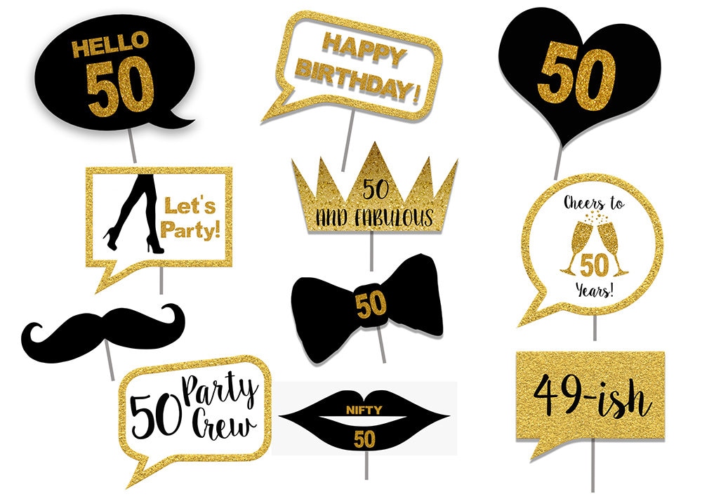 50th Birthday Printable Photo Booth Props, Gold Black and White, 50th ...