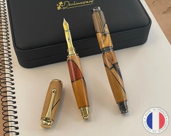 Parure 2 Stylos Premium Bois Précieux et Résine Noire. Fabriqué Main France. Personnalisé avec gravure. Boîte cadeau luxe | Noël, Mariage