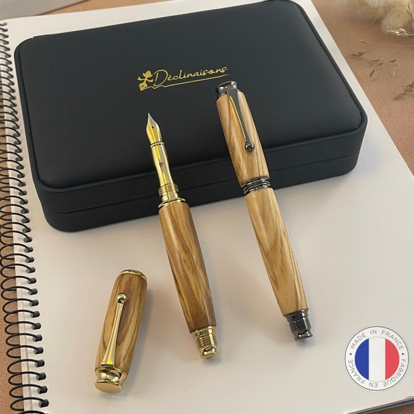 Parure 2 Stylos Premium Bois d'Olivier d'Italie. Fabriqué Main France. Personnalisé avec gravure. Boîte cadeau luxe | Noël, Mariage, Noces