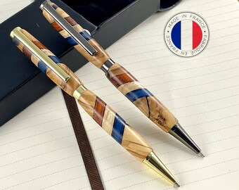 Set 2 pens Tricolor French flag, made France. Customized with engraving. Luxury gift case. Upcycled, Blue white red, colored