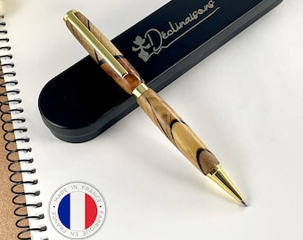 Personalizable Precious Wood and Black Resin Pen, Handmade in France, Personalized with Engraving | Christmas, Graduation, Party gift