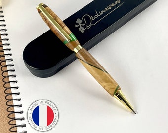 Stylo Personnalisable Bois Précieux et Résine verte, Fabriqué à la Main en France, Personnalisé avec Gravure | Enseignante, evg, mariage